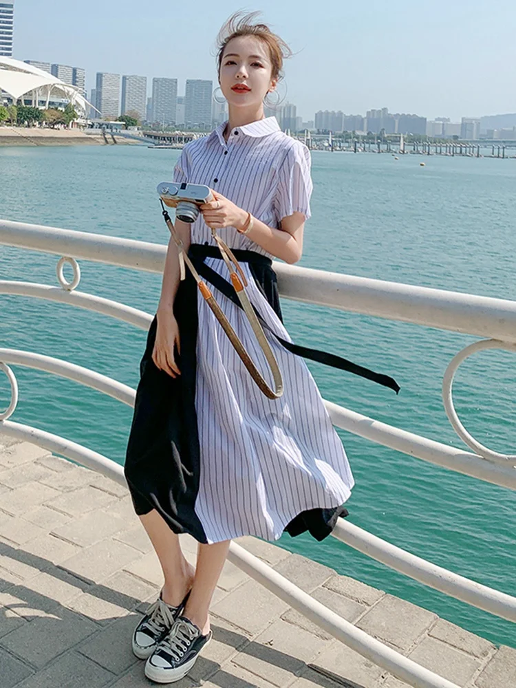 

2022 Summer Women Elegant Korean Style Spliced Short Sleeve Stripe Shirt Dress Female Casual Loose Bandage Long Dresses 9803
