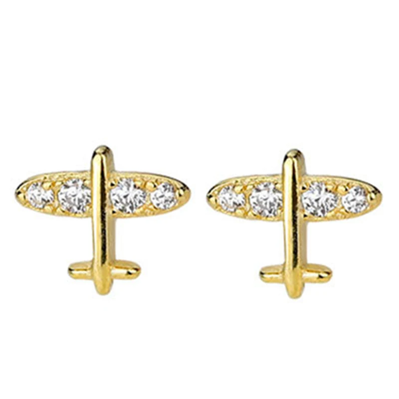 

925 Sterling Silver Plated 14K Gold Stud Earrings for Women Cute Small Airplane Zircon Japanese and Korean Mini Fashion Jewelry