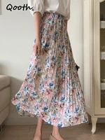 qooth 2022 spring summer high waist floral pleated skirts womens mid length large swing casual skirt qt1681