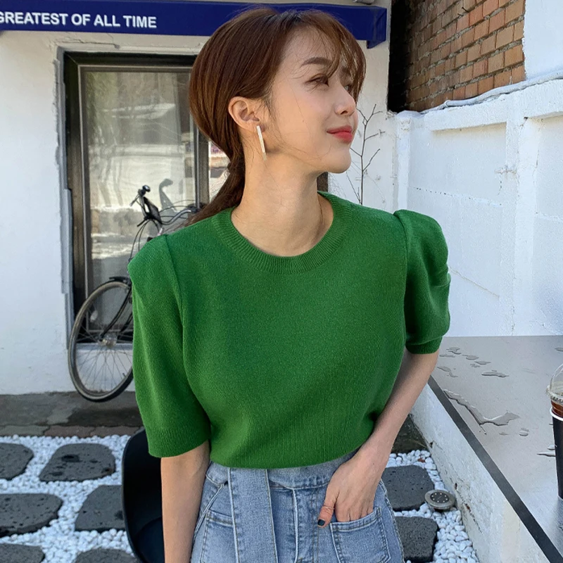 

2023 Autumn New Solid Knitted T-Shirt Ladies O-neck Puff Sleeve Female Tops Fashion Chic Sweet All Match Loose Women Green Tees