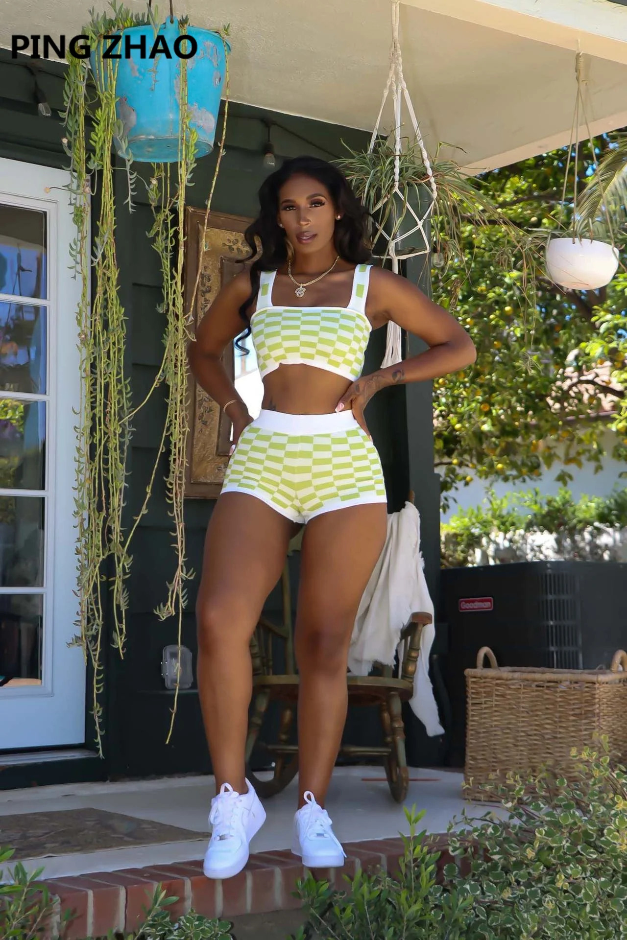 

Женский комплект из 2 предметов пин-Жао, винтажный клетчатый укороченный топ без рукавов, обтягивающие шорты, женский спортивный костюм