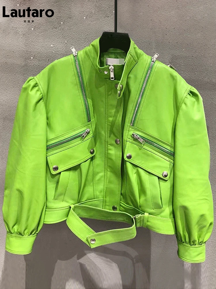 Lautaro Spring Autumn Short Lemon Green Soft Faux Leather Jacket Women with Long Puff Sleeve Zipper Runway Stylish Fashion 2022