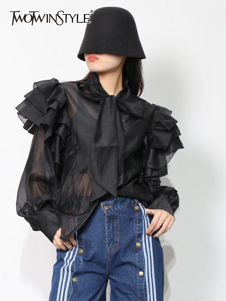 

Женская однотонная блузка TWOTWINSTYLE, однобортная рубашка с оборками, бантом и рукавами-бабочками