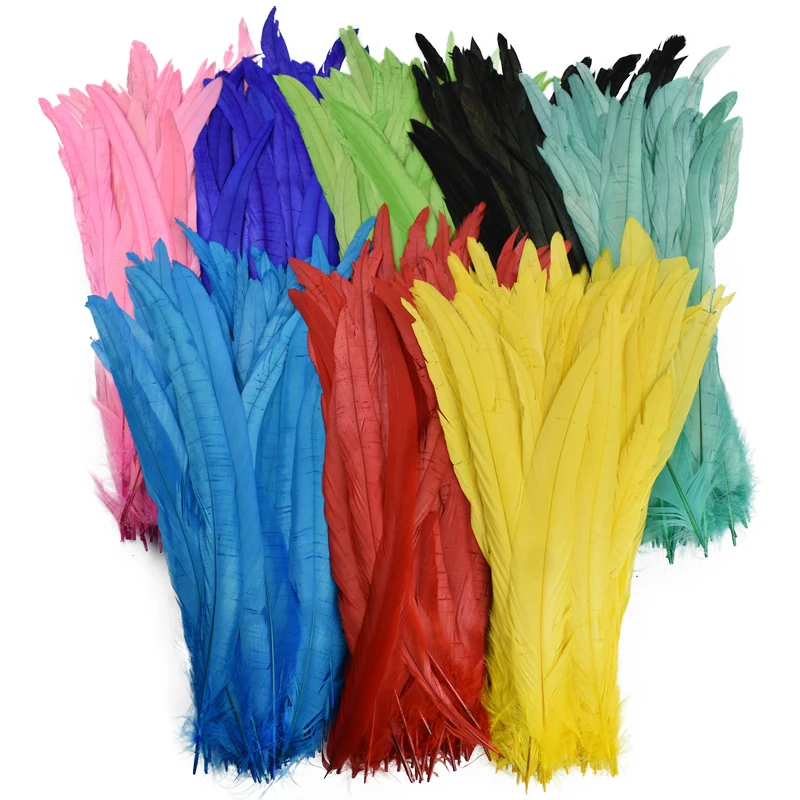 

Wholesale 100Pcs/Lot All Sizes Colored Rooster Feathers for Crafts Fly Tying Materials Long Pheasant Carnival Wedding Decoration