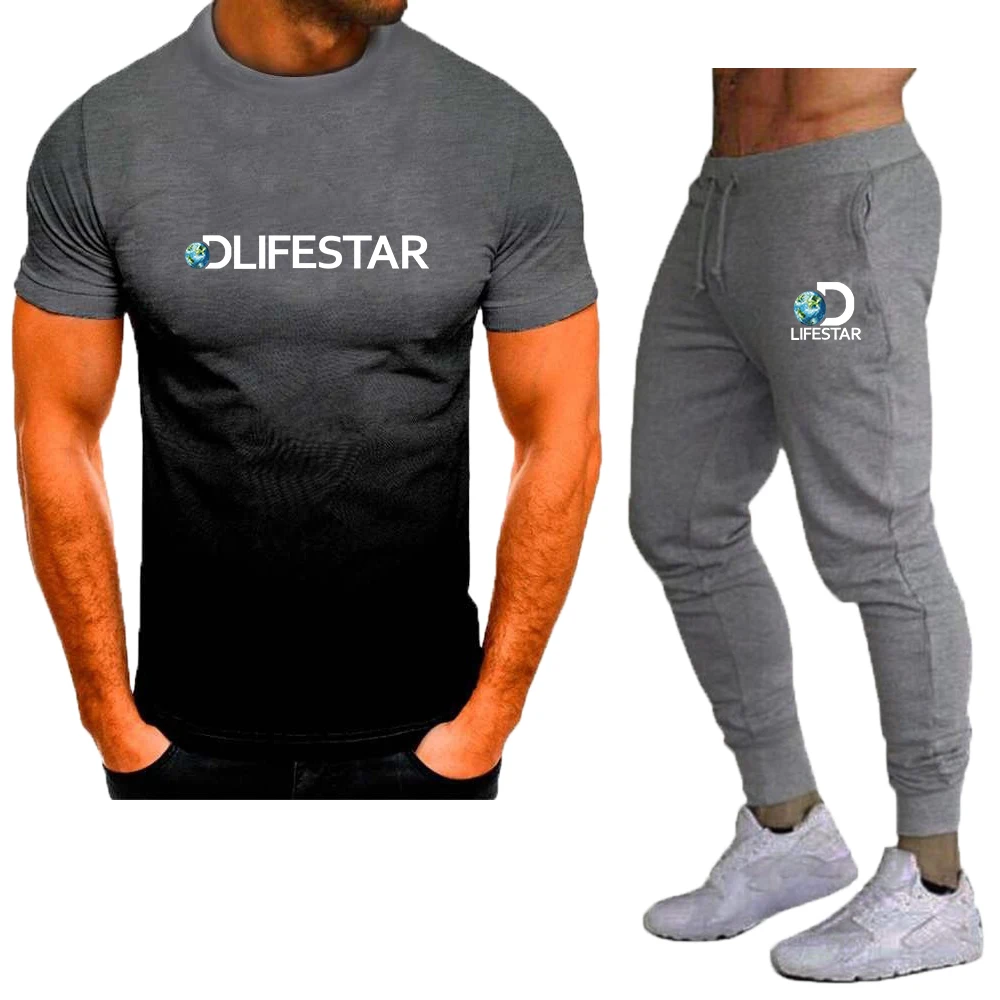 New Brand LIFESTAR 2023 Summer Casual Tracksuit Men's T-Shirt + Pants Suit Short Sleeve Printed Jogging Male Sportswear Set
