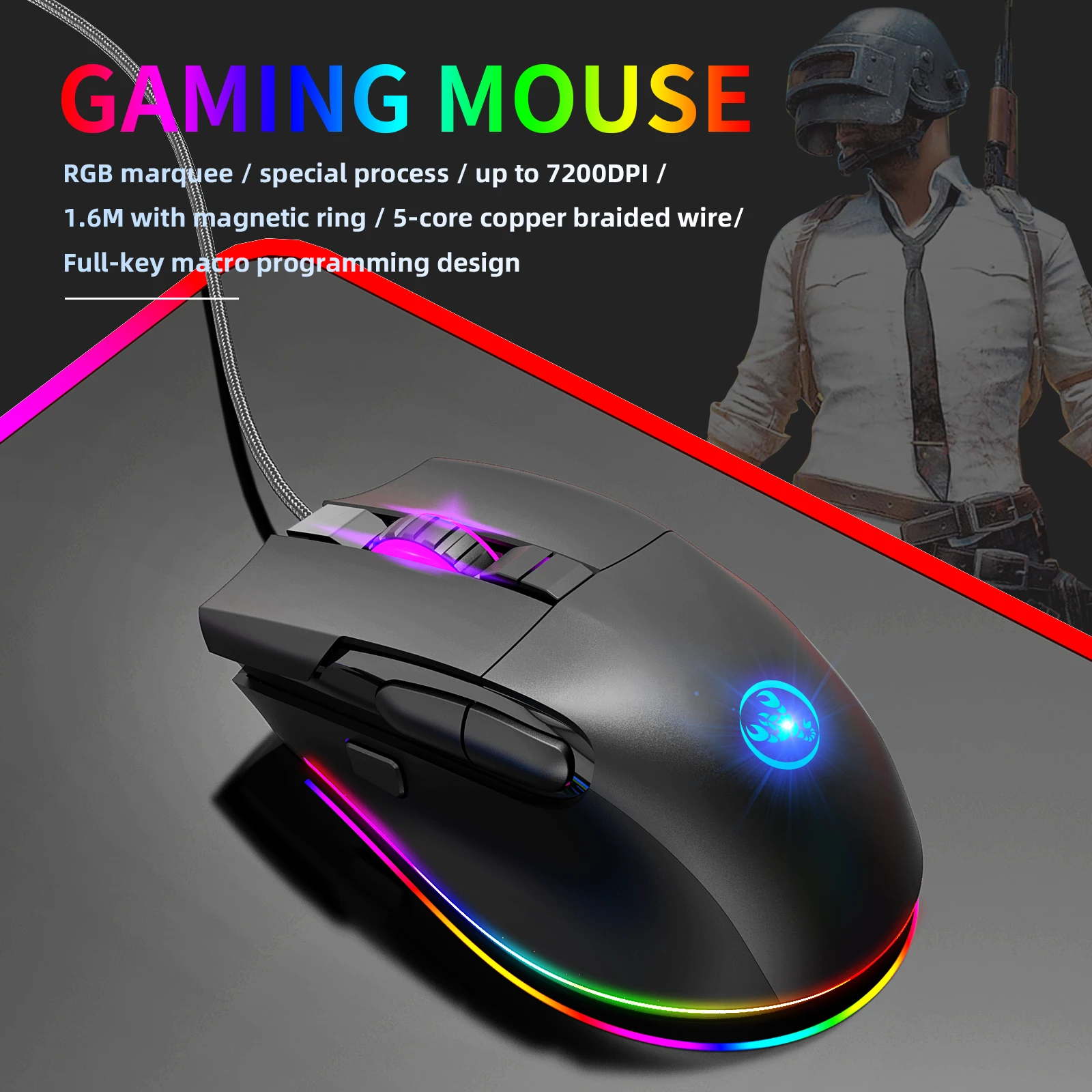 

New Wired Gaming Mouse RGB Backlight Modes 8 Buttons Programmable Computer Game Mice 6-level Adjustable DPI For MacBook PC Gamer