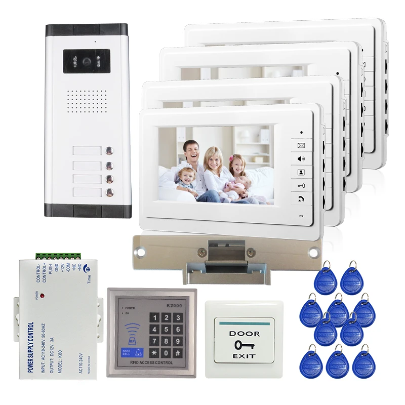 

Wired 7 Inch Screen Video Doorbell Door Phone Intercom System Night Vision Camera RFID Access Control Unlock for 2 3 4 Apartment