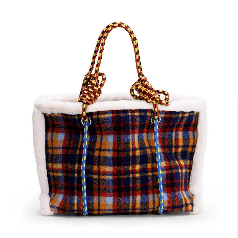 Зимняя трендовая сумка на плечо Xiuya Женская клетчатая из овечьей шерсти плетеная