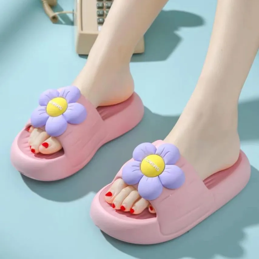 Women Cartoon Flower Decor Single Band EVA Slippers Floral Platform Beach Slides Home Badroom Soft Comfy Indoor Klein Blue Shoes