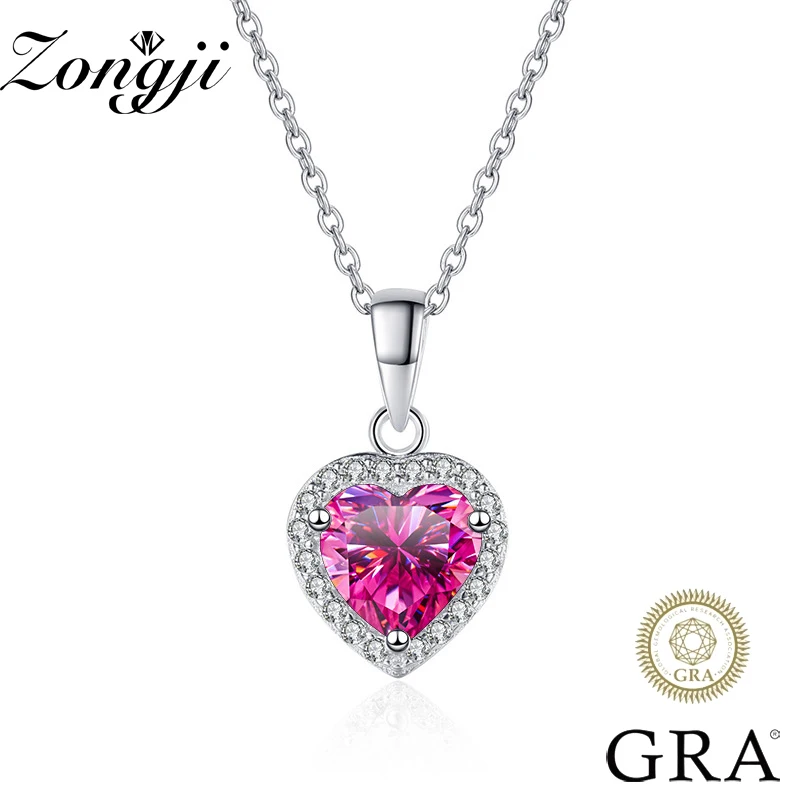 

ZONGJI 1 Carat Colored Real Moissanite Heart Necklace 925 Sterling Silver for Women with GRA Certificate Fine Jewelry for Woman