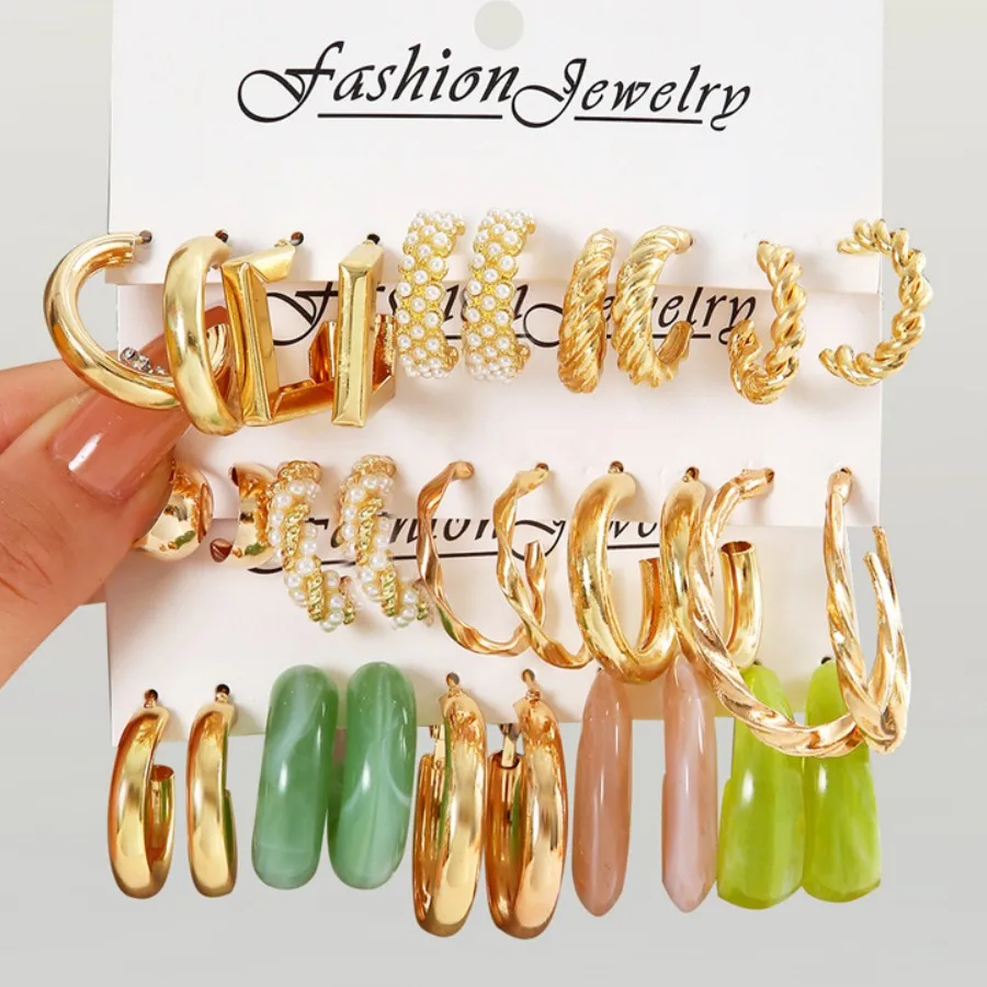 

Trendy Gold Color Pearl Resin Earrings Sets Vintage Twist Hollow Circle Dangle Earrings Butterfly Hoop Earring Geometric Jewelry