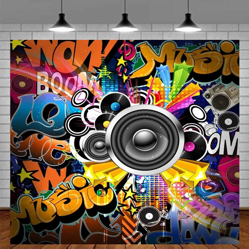 

Music Boom Microphone Photography Backdrop Graffiti Theme Custom Wedding Children Birthday Fashionshow Party Background Banner