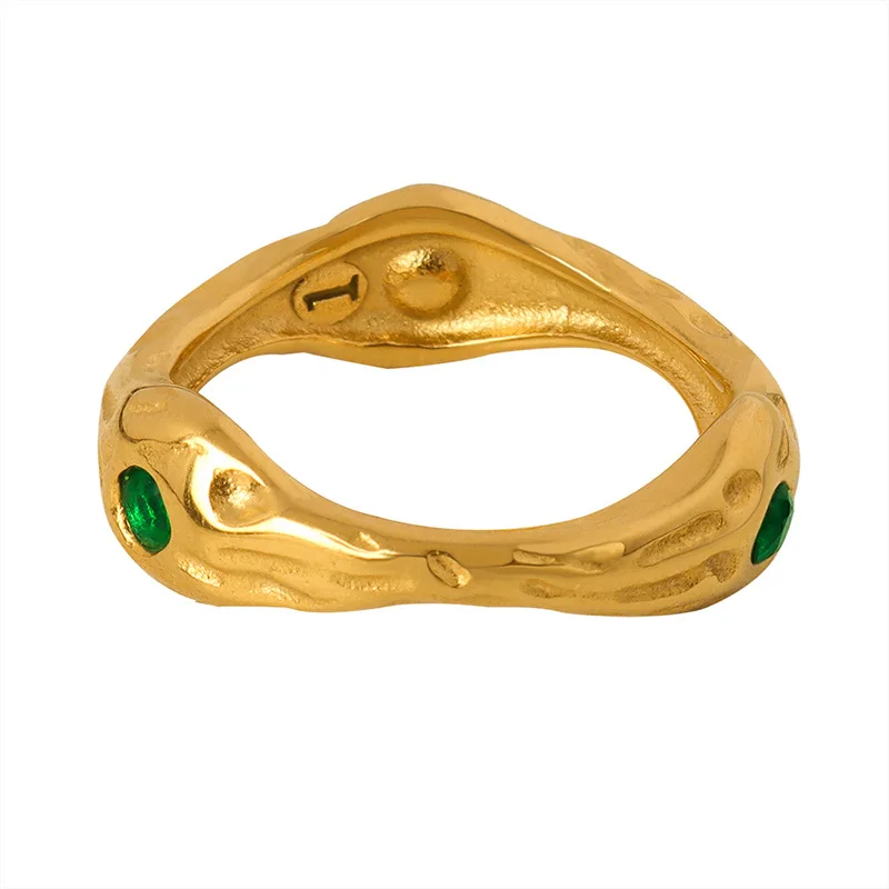 

Trendy Stainless Steel 18k Gold Plated Green Cubic Zirconia Stone Geometric Hammered Finger Rings for Women Waterproof Jewelry