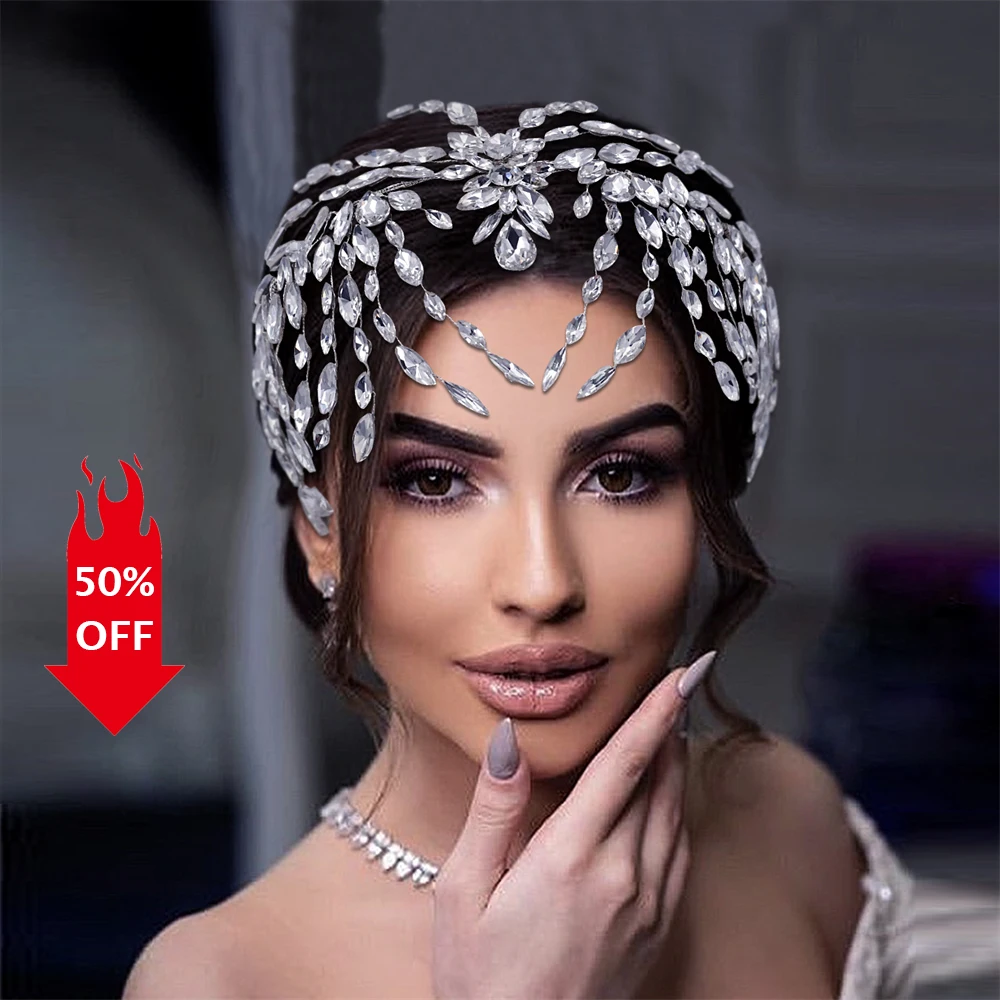 

Luxury Bridal Headband Hair Accessories Rhinestone Forehead Crown Silver Headpiece Wedding Tiara Bride Headdress Hair Ornaments