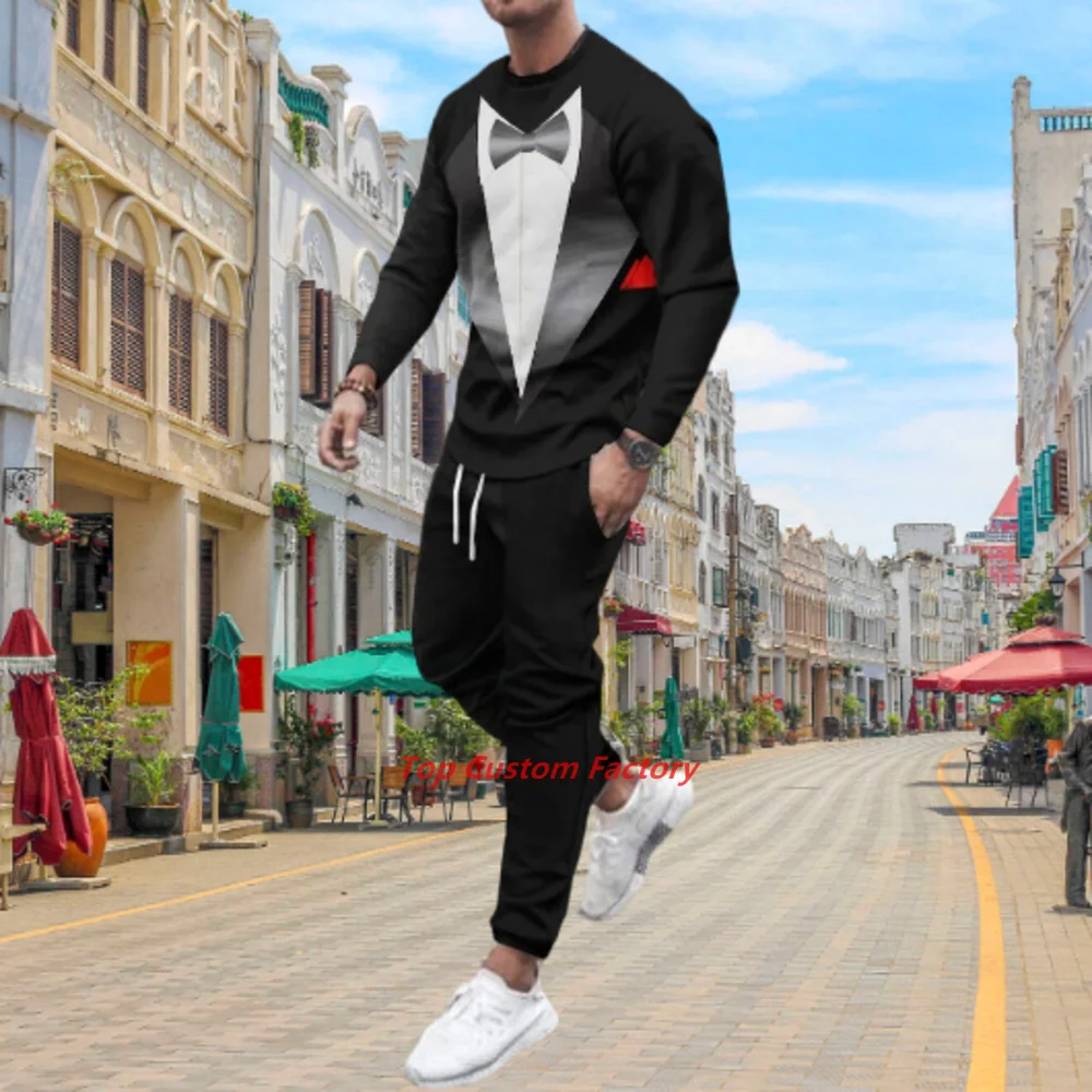 Spring And Summer Tracksuit Men's Long Sleeve T-Shirt 2 Piece Set 3D Black Pattern Street  Pant Set Oversized Jogging Suit