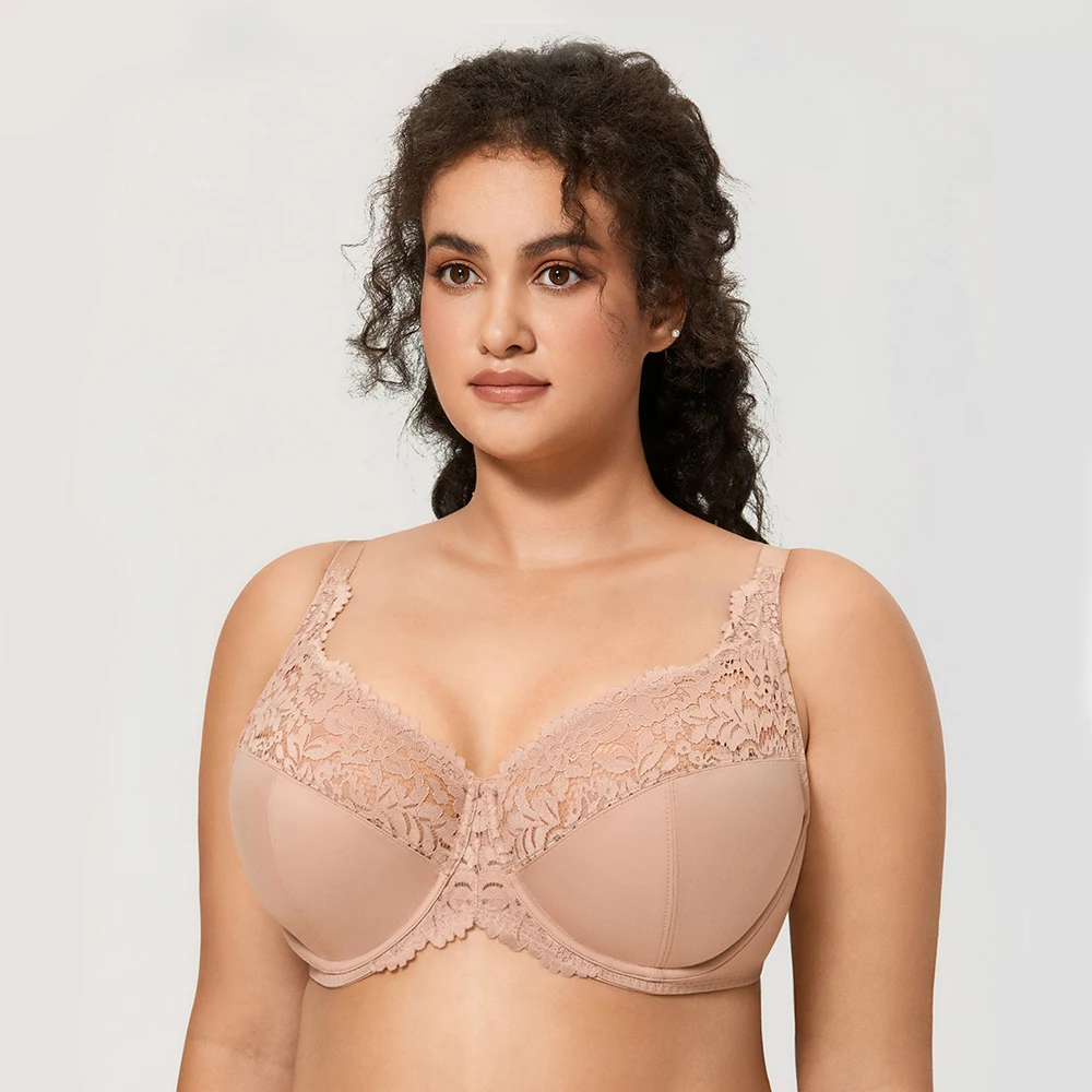 Soft Floral Lace Full Coverage Plus Size Bra Light Underwire Unlined Embroidery Minimizer Lingerie For Women Underwear Sexy 