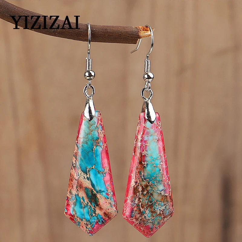 

YIZIZAI Reiki Natural Stones Colorful Earrings for Women Plated Silver Needle Ear Hook Earring Dangle Eardrop Bohemia Jewelry