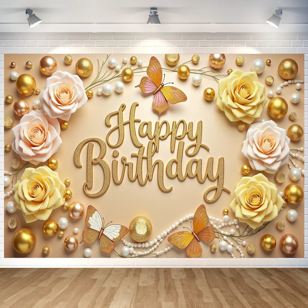 Баннер с днем рождения бабочка роза золотая тема украшение для дня фон флаги