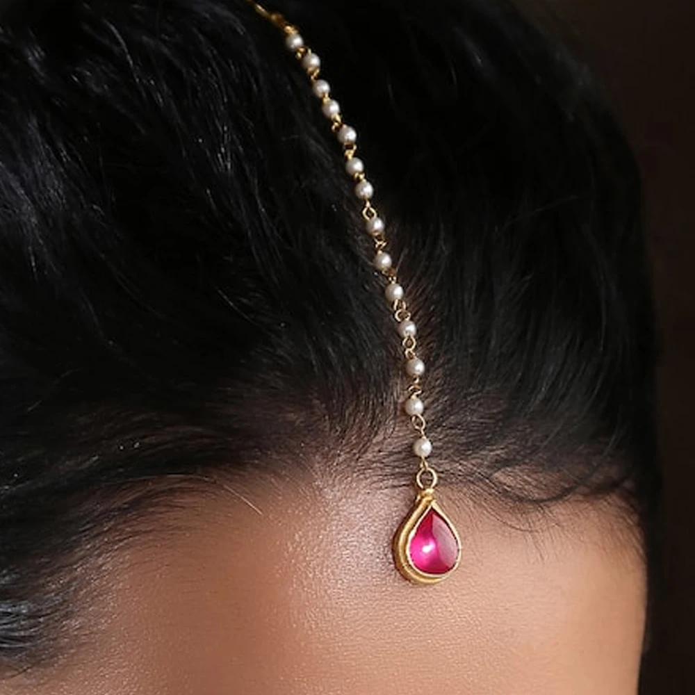 Pink Water Drop Forehead Chain Headband Bridal Hair Accessories Elegant Women Boho Round Pearl Head Wedding Jewelry Gift