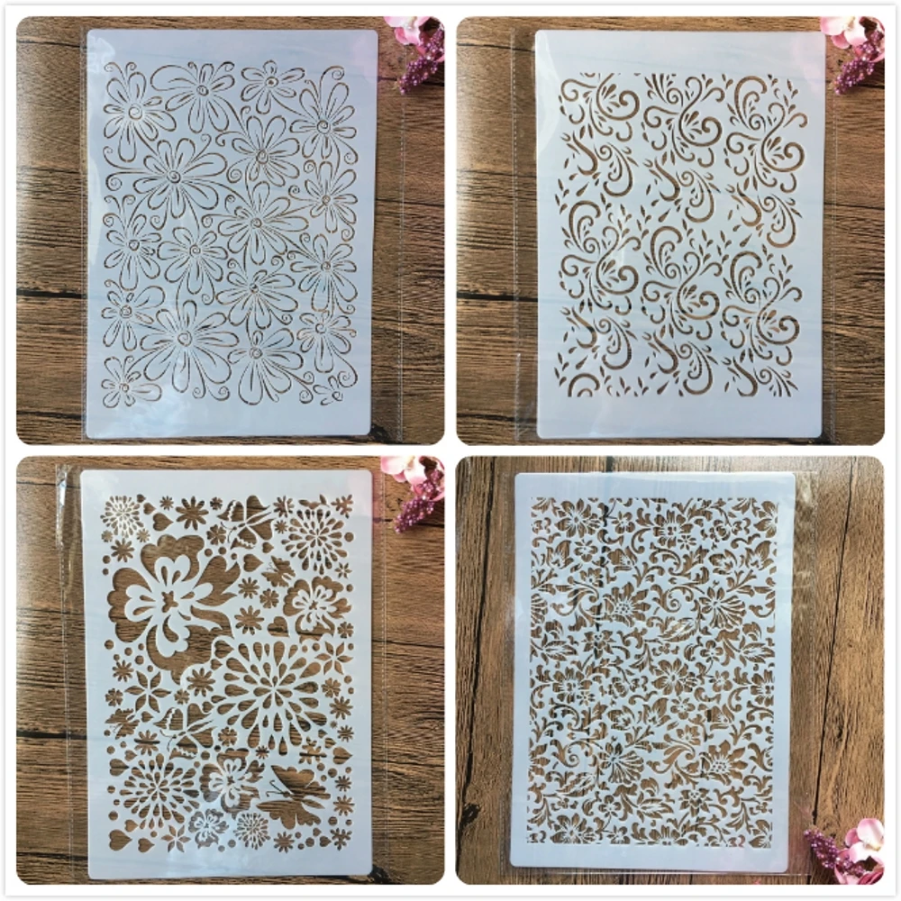 

4Pcs A4 29*21cm Flower Leaf Texture DIY Layering Stencils Wall Painting Scrapbook Coloring Embossing Album Decorative Template