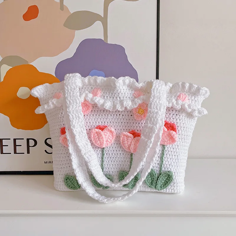 

New Pink Finished Hand-Woven Tulip Tote Homemade Hand Gift Simple All-In-One Women's Shoulder Bag Fashion Lace Knit Bag