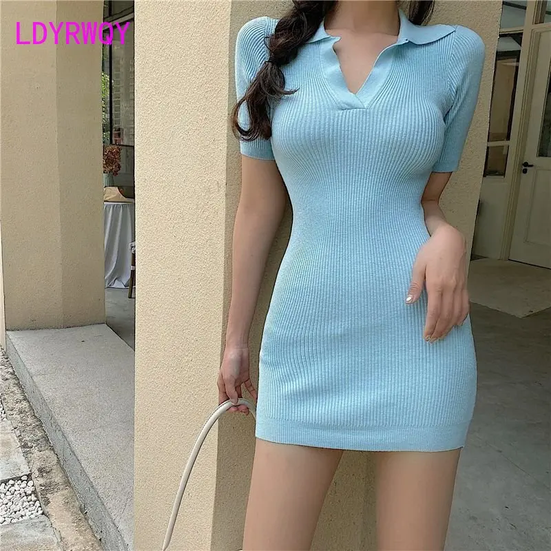 Сексуальное трикотажное синее облегающее бедра платье женское летнее