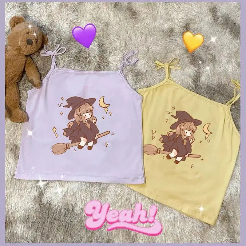 Japanese Camis Tops Soft Girl Sweet Cute Magical Print Self-cultivation ide Outside Vest Crop Top T Shirt top women | Женская одежда