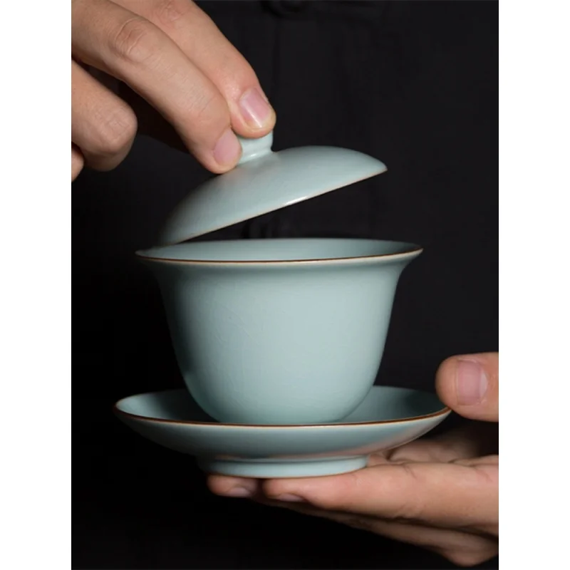 

|Longquan Celadon Ru Ware Cover Teacup Single Household Kung Fu Tea Set Ice Cracking Ceramic Chinese Gaiwan