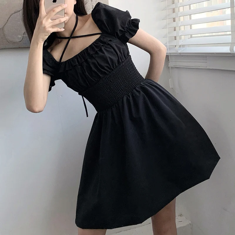 

Vintage Puff Sleeve Mini Dress Girls A Line Sexy Dresses Summer Clothing Big Size Elegant Black Gothic Clothes Boho White Dress