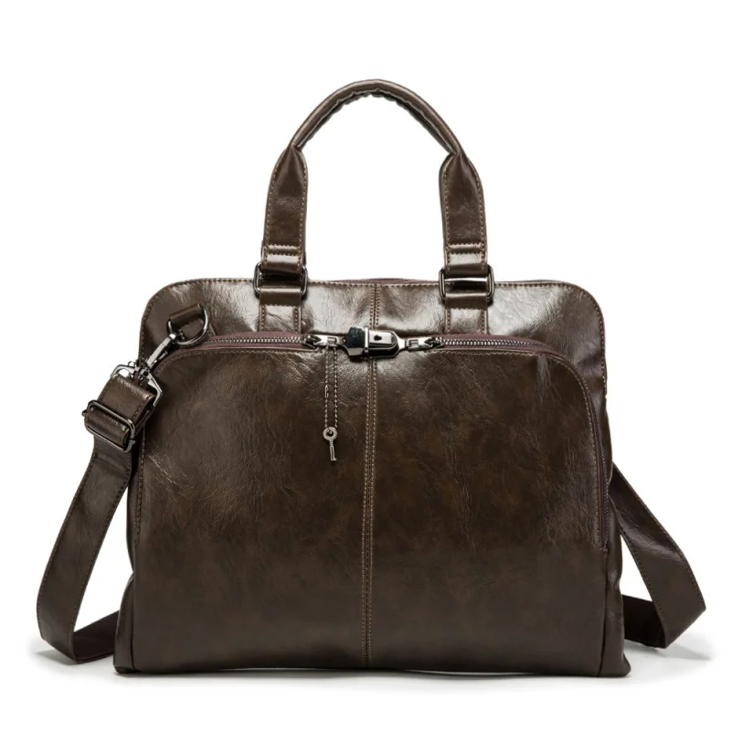 Business Men Leather Briefcase Lock Fashion Handbag Large Capacity File Bag Casual Shoulder Bag Male Crossbody Bag