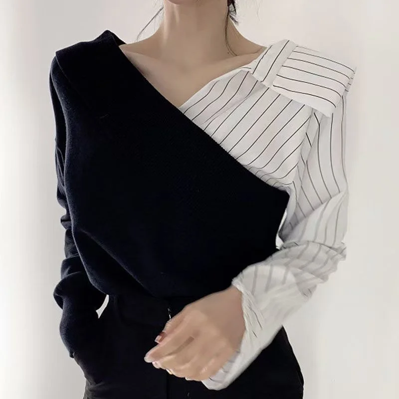 

Hikgawa корейский шикарный элегантный темпераментный полосатый лоскутный контрастный цвет женские футболки имитация двух частей свитер-блузка с длинным рукавом