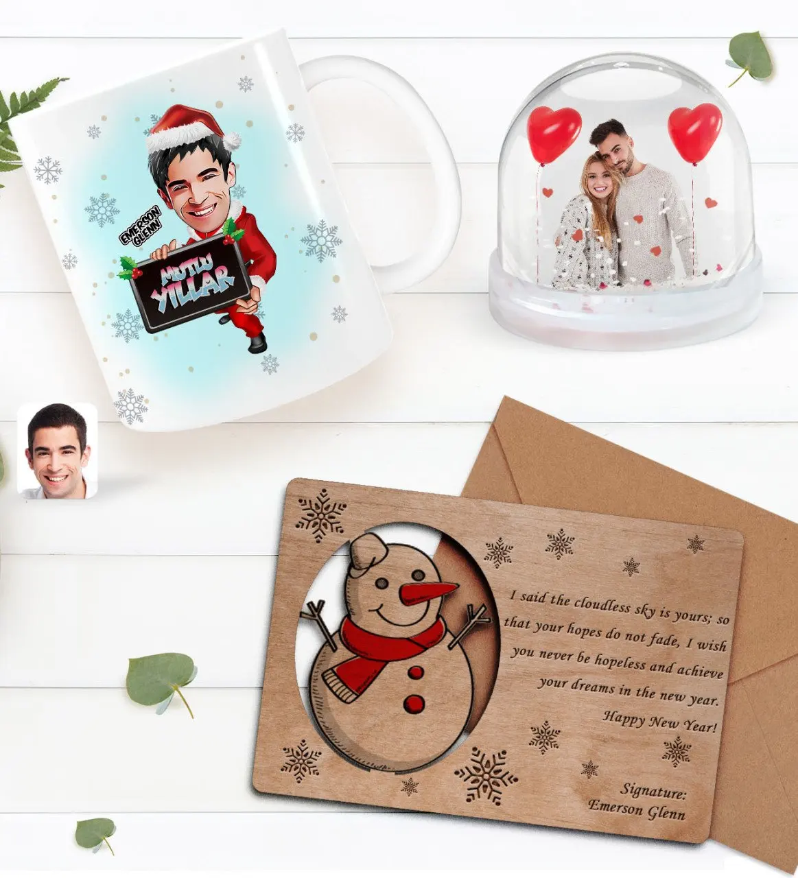 

Персонализированная фотография снежный шар и новогодняя кружка и ретро Деревянная Рождественская открытка подарок