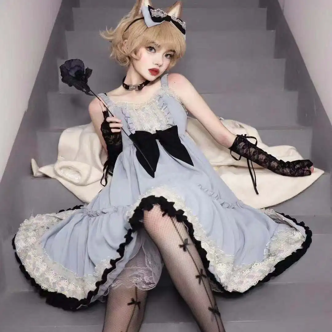 

YUIPO Strawberry Lolita Dress Blue Japanese Lolita JSK Cake Dress Lace Cool Victorian Sweet Lolita Daily Dark Style Sling Dress