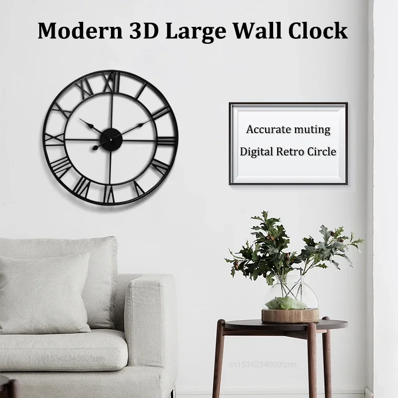 

Modern 3D Large Wall Clocks Roman Numerals Retro Round Metal Iron Accurate Silent Nordic Hanging Ornament Living Room Decoration