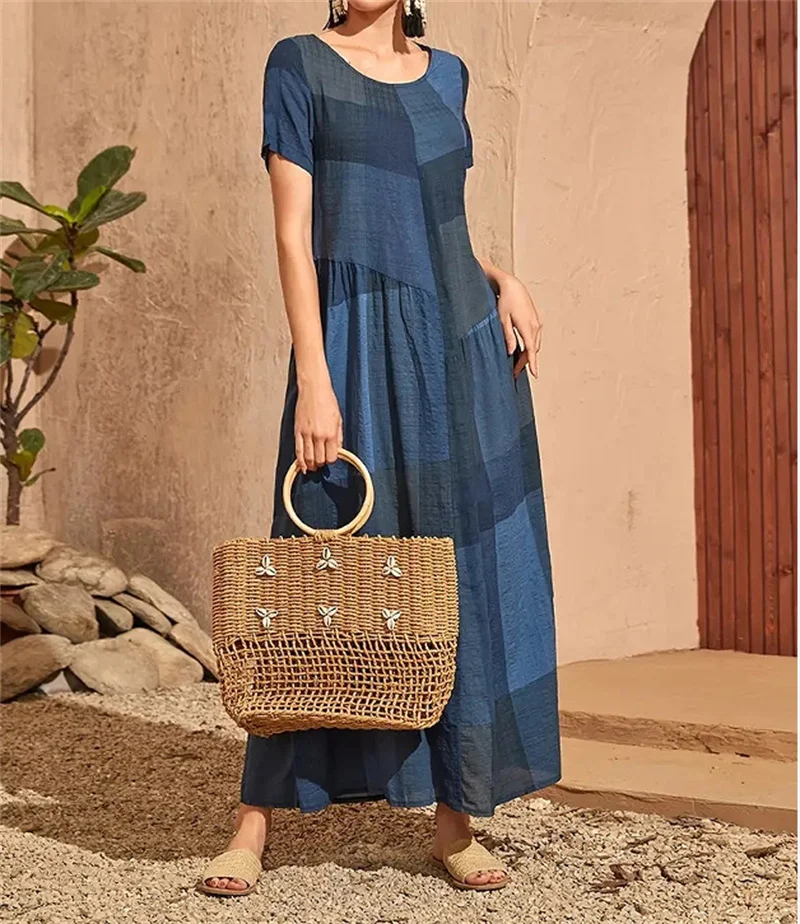 

Vintage Plaid Print Long Dress Female Summer Casual Loose Waist Splicing Pockets Dressy Women Short Sleeve O Neck Pullover Gown