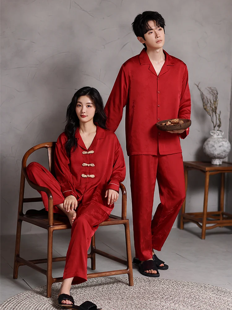 Пижамы для пар из ледяного шелка женские весенне-осенние мужские красные пижамы