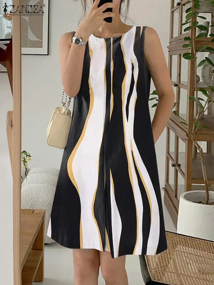 Женский Повседневный праздничный сарафан ZANZEA в асимметричную полоску лето 2024