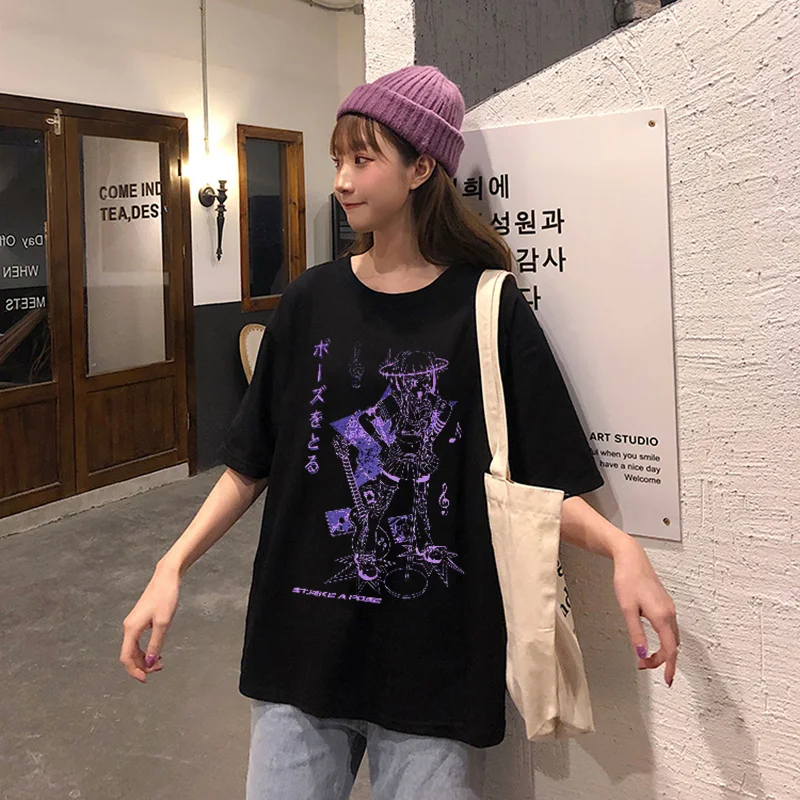 

arajuku Music Girl Print Women T-shirt Kawaii Goth HBlack Crop Cotton Short Sleeve Top Female Oversized Y2k Mujer Grunge Kpo