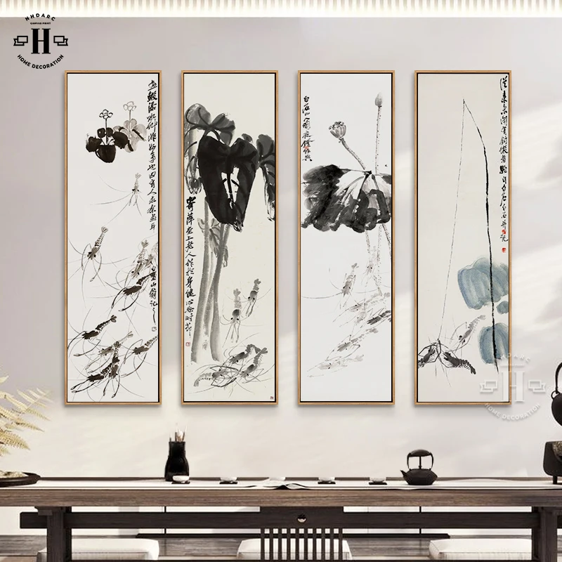 

New Chinese Style Canvas Print Lotus Shrimp Calligraphy Ink Landscape Wall Painting Poster Pictures Art Tearoom Porch Home Decor