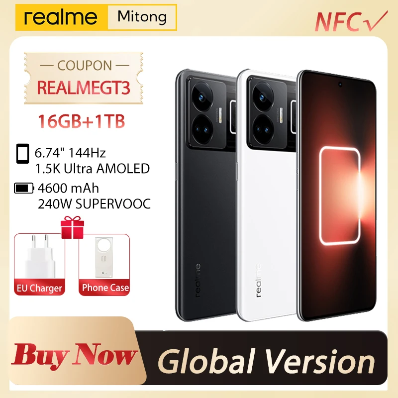 

Realme GT3 5G Snapdragon 8 Gen 1 IMX890 Camera 240W SUPERVOOC Charge 144Hz 1.5K 6.74'' AMOLED Display 16GB+1TB NFC Mega storage