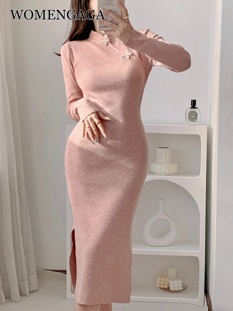 

Sweet New Chinese Pink Cheongsam OL Elegant Tight Skinny Slim Split Sweater Dress Knitting Purple Fashion Sweet Korean OIK4