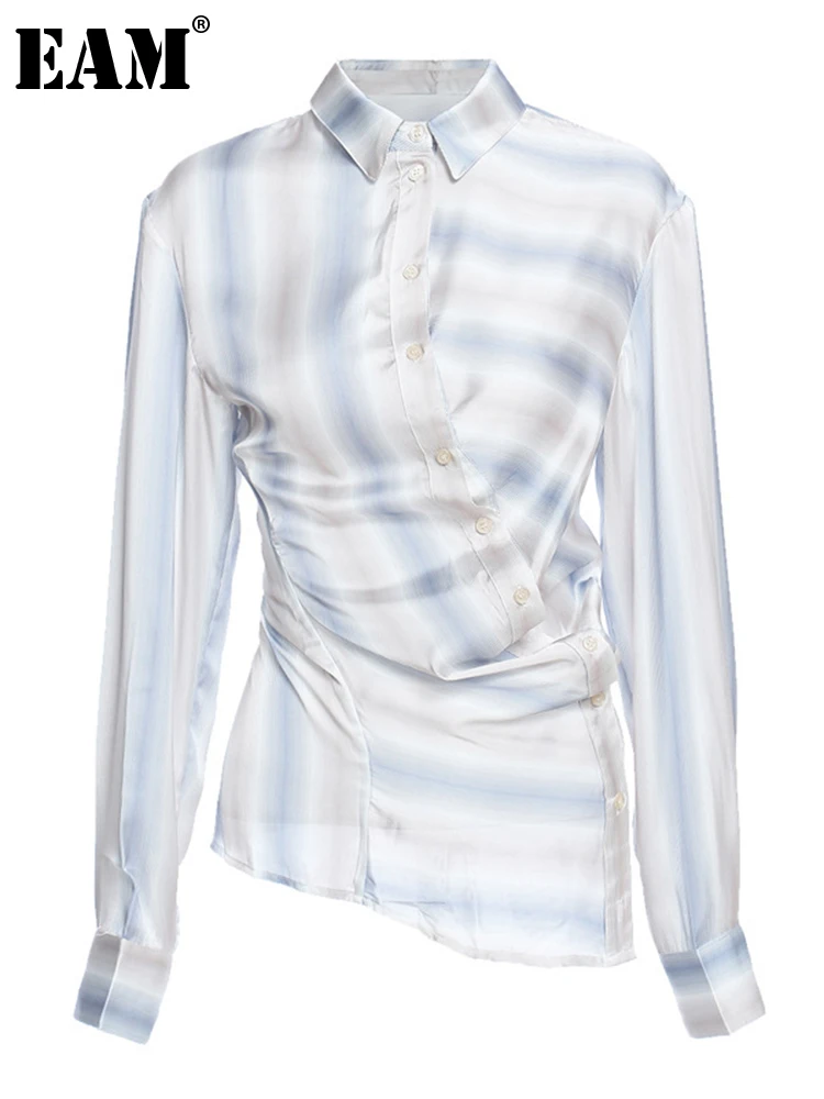 

[EAM] Women Blue Striped Split Irregular Blouse New Lapel Long Sleeve Loose Fit Shirt Fashion Tide Spring Summer 2022 1X094