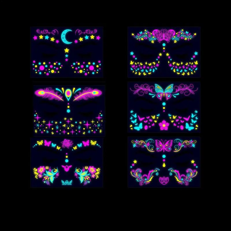 

Waterproof Temporary Tattoo Sticker Masquerade Neon Fluorescent Face Sticker Music Festival Glowing Fake Tattoo Makeup Glitter