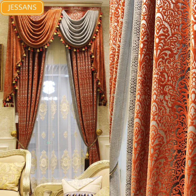 

European and American luxury high quality elegant beige chenille embroidered blackout curtains for living room windows bedroom