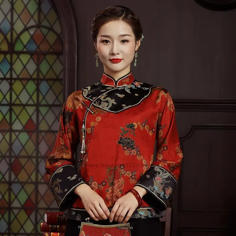 Blusa China retro para mujer, blusa cheongsam retro con estampado tradicional, servicio de té hanfu, traje qipao tang suelto, 2022