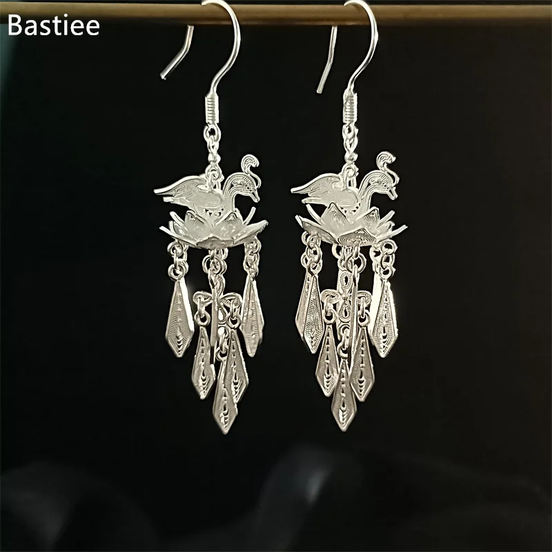 

Bastiee S999 Sterling Silver Earring for Women Chinese Style Little Phoenix Lotus Eardrop Hmong Ethnic Handmade Luxury Jewelry