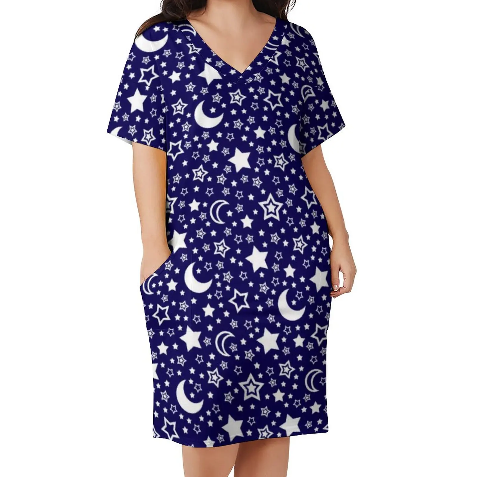 Night Sky Casual Dress Womens Moon and Stars Print Stylish Dresses Summer V Neck Aesthetic Graphic Dress Plus Size 3XL 4XL