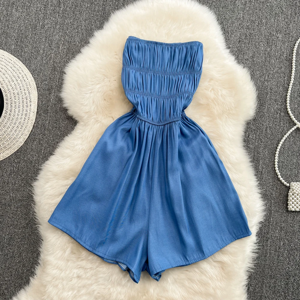 

2022 summer pleated backless blue sleeveless suspenders tube top denim one-piece shorts wide-leg casual