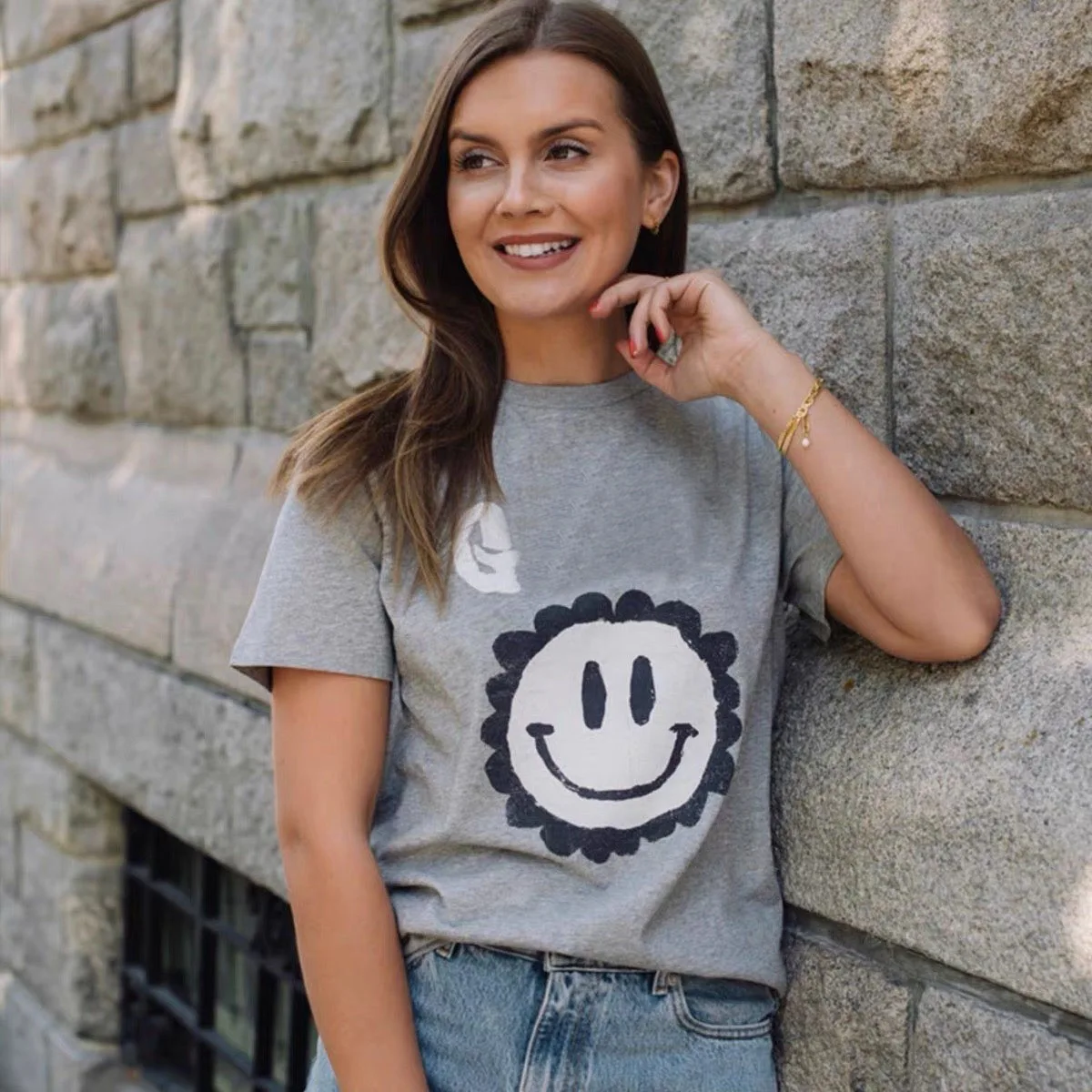 

2022 New Sunflower Smiley Pattern Loose Round Neck Cotton Short Sleeve T-Shirt Top