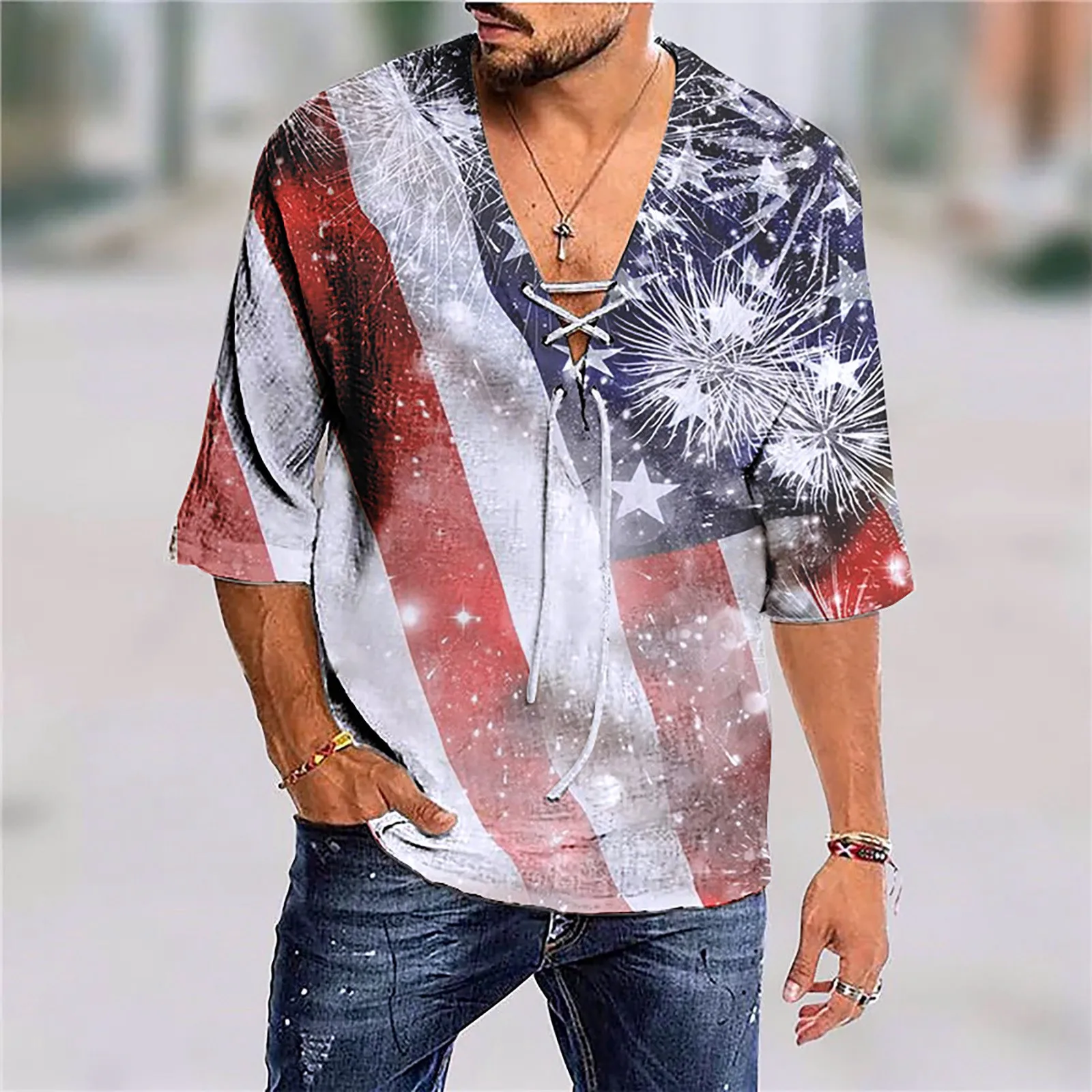 

Men's Short Sleeve Independence Day Beach Shirt With V Neck And Printed Drawstring Tees Oversized